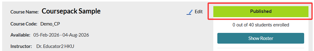coursepack status changes to pubilshed